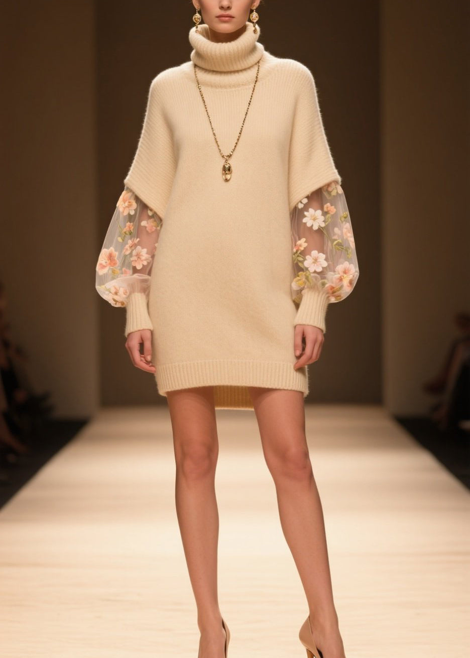 Turtleneck Knit Tulle Floral Embroidered Bishop Sleeve Mini Dress