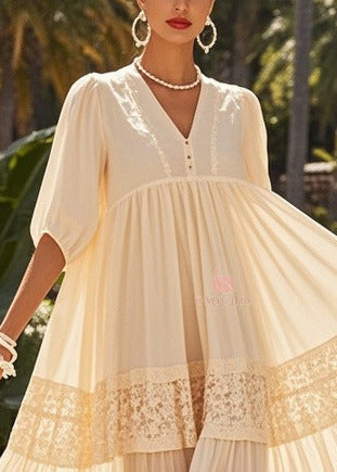 V-Neck Puff Sleeve Lace Trim Tiered Chiffon Maxi Dress