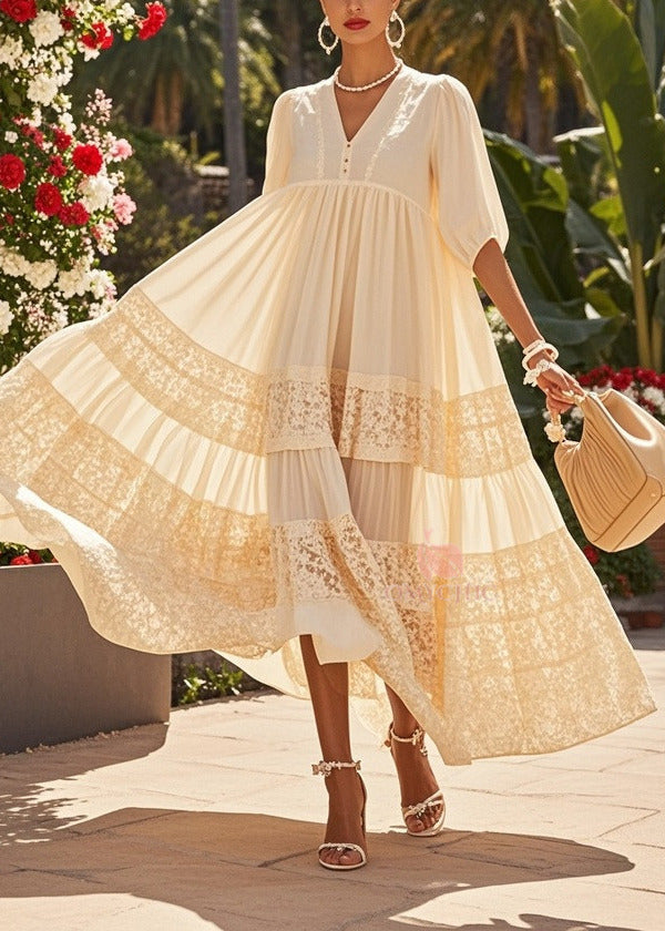 V-Neck Puff Sleeve Lace Trim Tiered Chiffon Maxi Dress