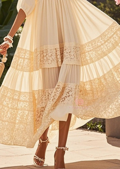 V-Neck Puff Sleeve Lace Trim Tiered Chiffon Maxi Dress
