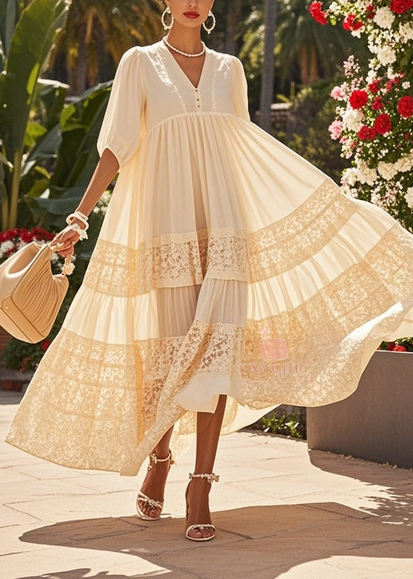 V-Neck Puff Sleeve Lace Trim Tiered Chiffon Maxi Dress