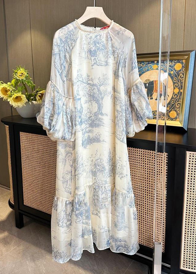 Toile Print Jewel Neck Lace Trim Lantern Sleeve Tiered Ruffle Hem Midi Dress