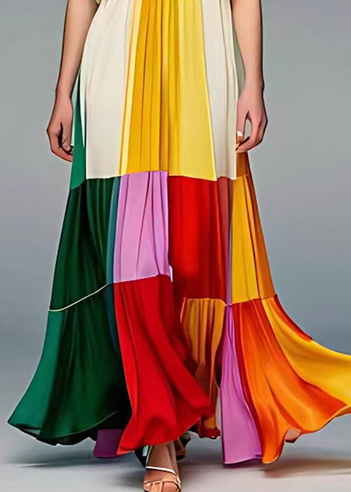 Pleated Patchwork Panel Spaghetti Strap Square Neck Tiered Maxi Dress