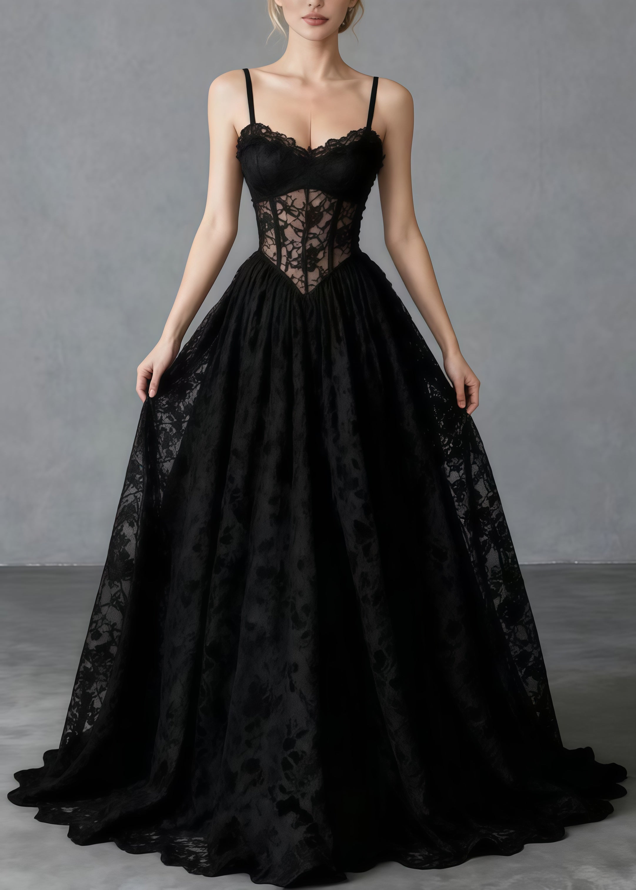 Beautiful Black Hollow Out Exra Large Hem Lace Cami Dresses Summer