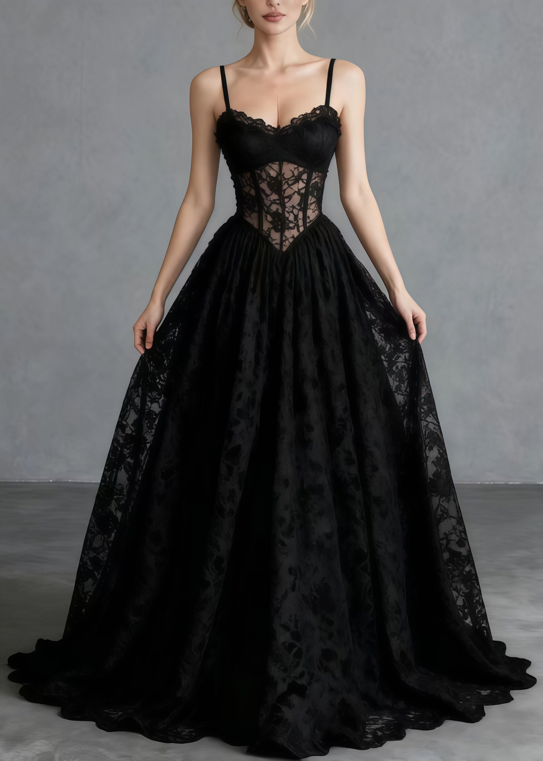 Lace Corset Bodice Spaghetti Strap Sweetheart Neck Maxi Gown