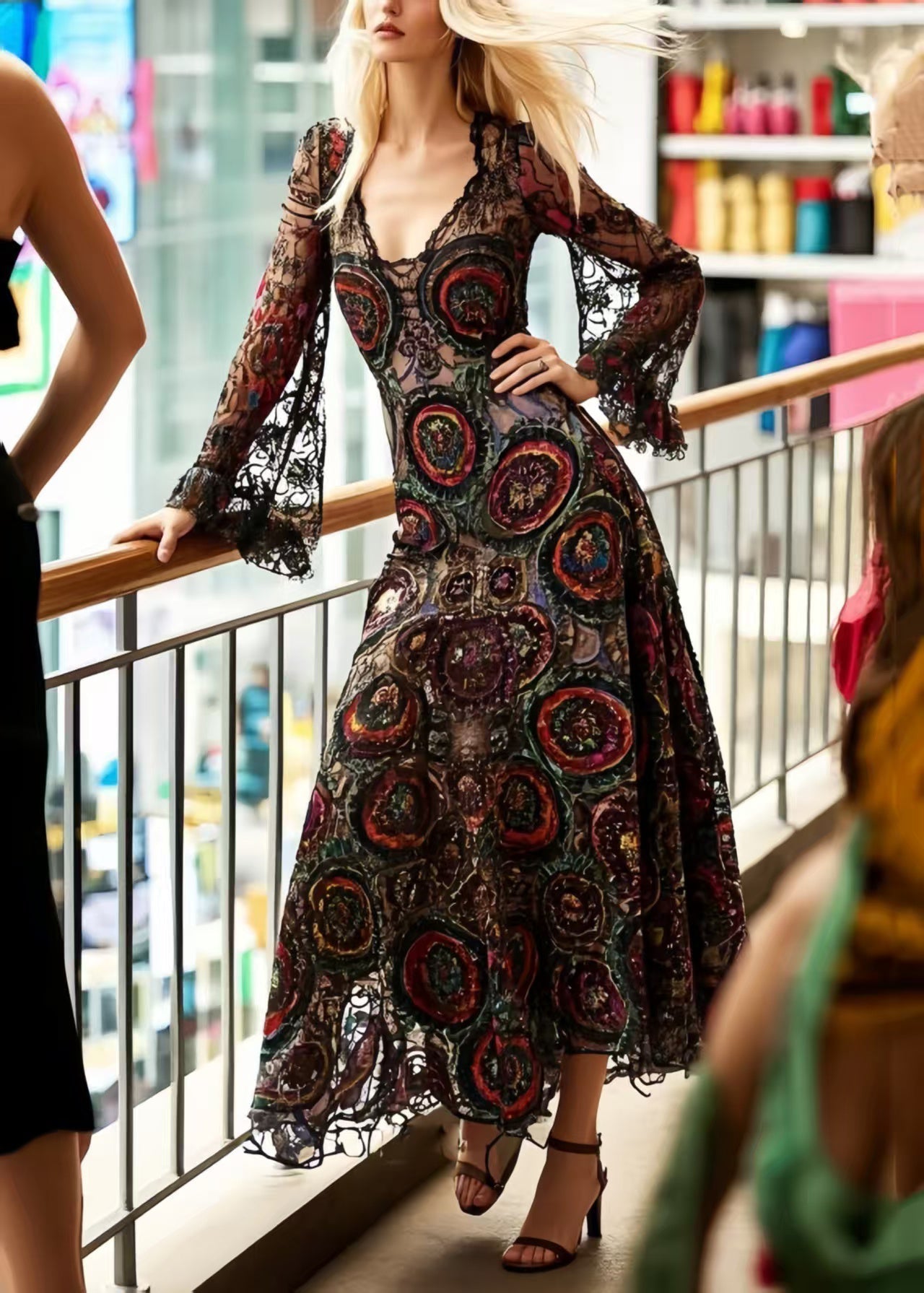 Lace Deep V-Neck Bell Sleeve Circular Print Fit and Flare Midi Dress