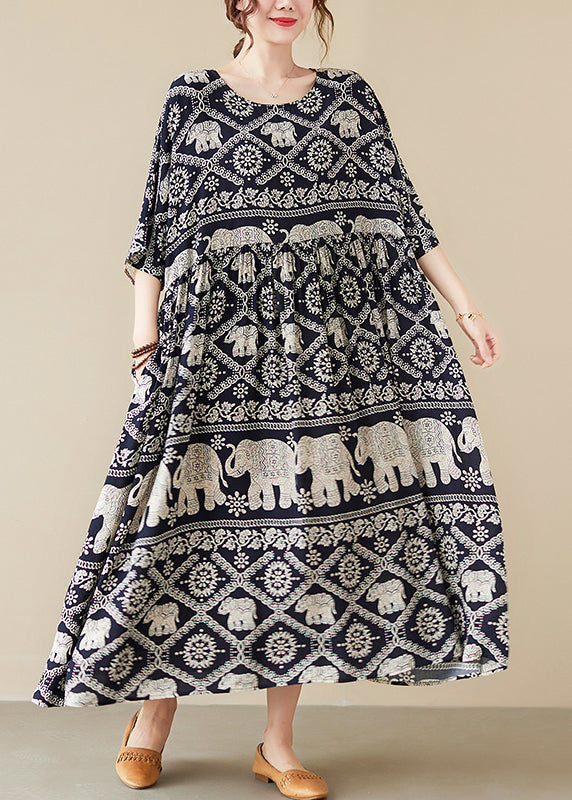 Chiffon Elephant Print Scoop Neck Half Sleeve Gathered Waist Maxi Party Dress