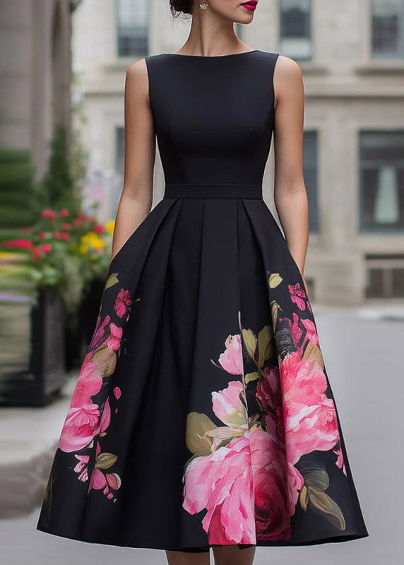 Beautiful Black O Neck Print Wrinkled Cotton Dress Sleeveless