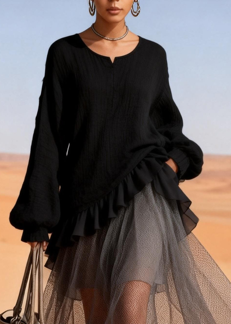 Beautiful Black O-Neck Ruffled Patchwork Tulle Dresses Spring 2