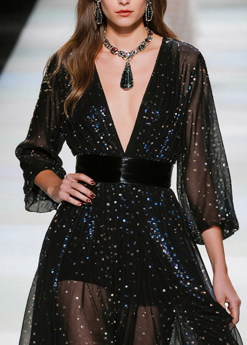 Sequin Deep V-Neck Long Sleeve Belted Tulle Maxi Gown