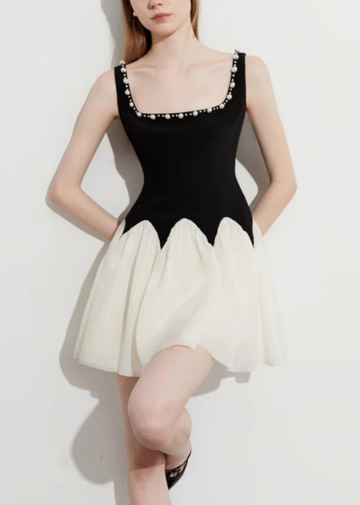 Pearl Trim Square Neck Colorblock Fit and Flare Mini Dress