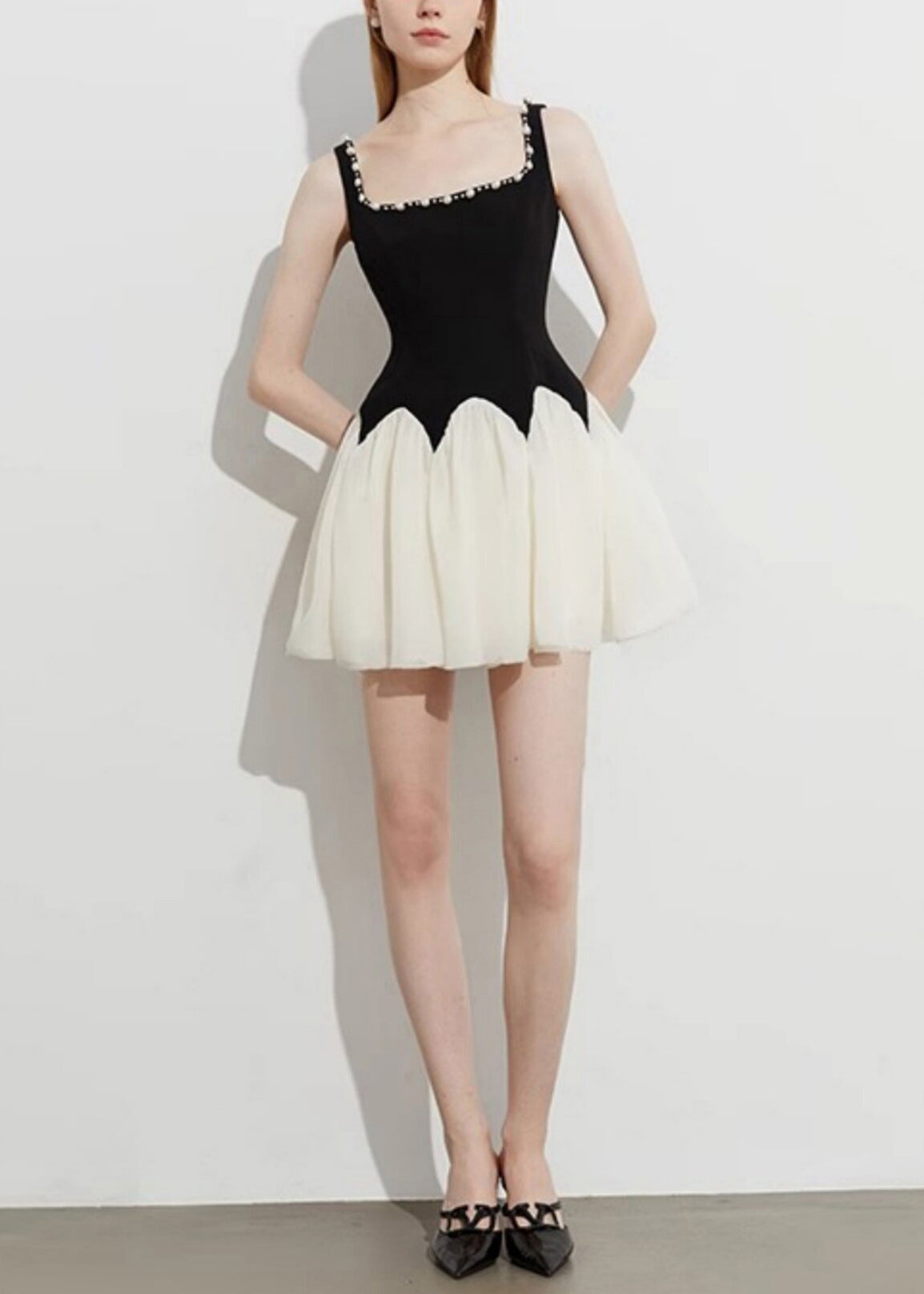 Beautiful Black Square Collar Patchwork Pearl Mini Dress Summer