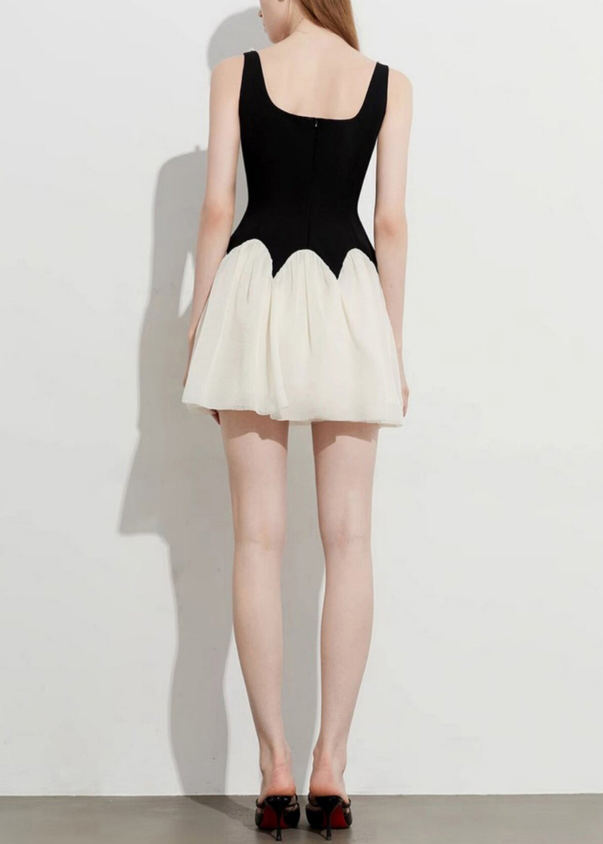 Pearl Trim Square Neck Colorblock Fit and Flare Mini Dress