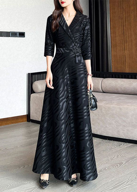 Textured Stripe Wrap Notched Lapel Three Quarter Sleeve Tassel Waist Maxi Dress