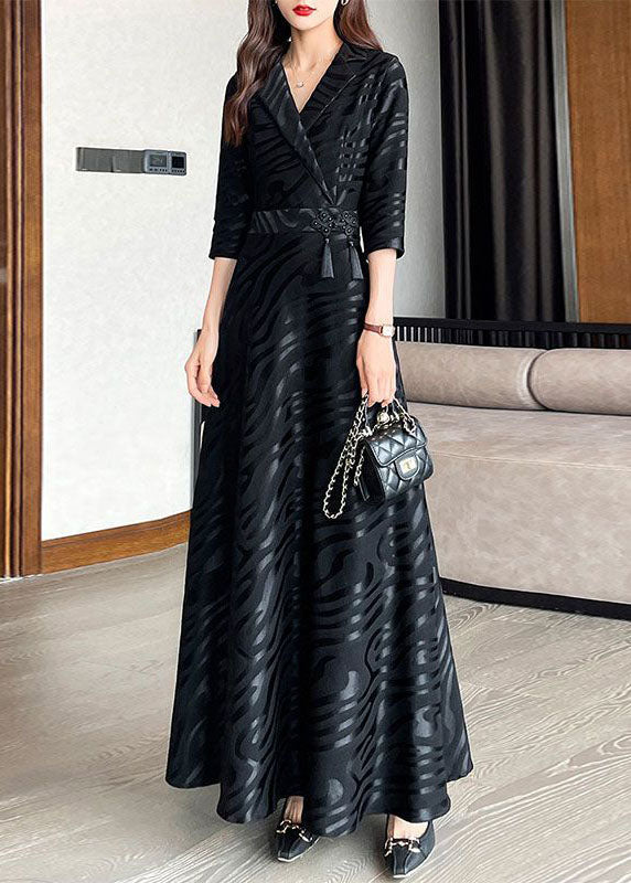 Textured Stripe Wrap Notched Lapel Three Quarter Sleeve Tassel Waist Maxi Dress