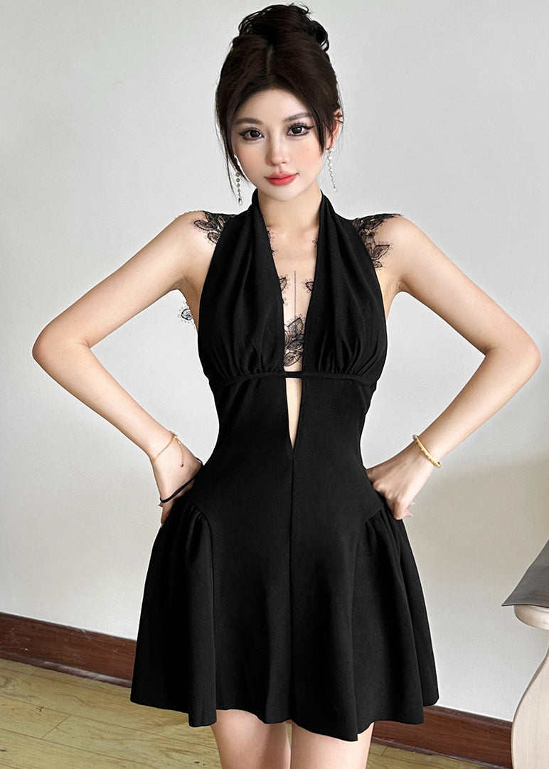 Halter Deep V-Neck Lace Trim Flared Mini Dress