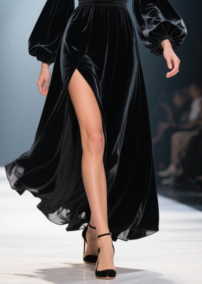 Velvet V-Neck Bishop Sleeve Smocked Waist High Split Maxi Gown