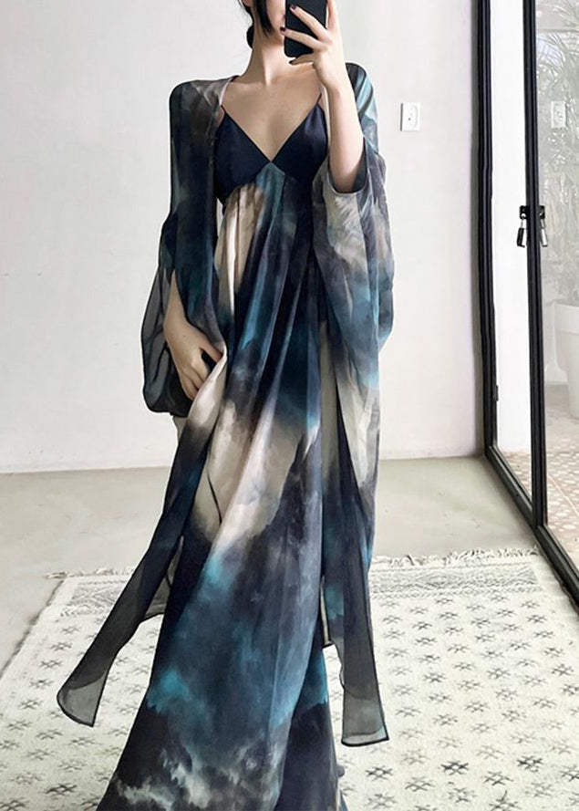 Tie Dye Print Chiffon Cami Maxi Dress and Long Cardigan Two Piece Set