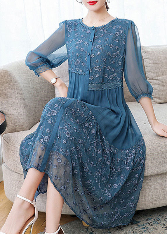 Floral Embroidery Lace Trim Button Front Round Neck Three Quarter Sleeve Tiered Midi Dress