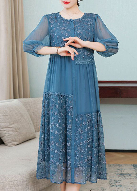 Floral Embroidery Lace Trim Button Front Round Neck Three Quarter Sleeve Tiered Midi Dress