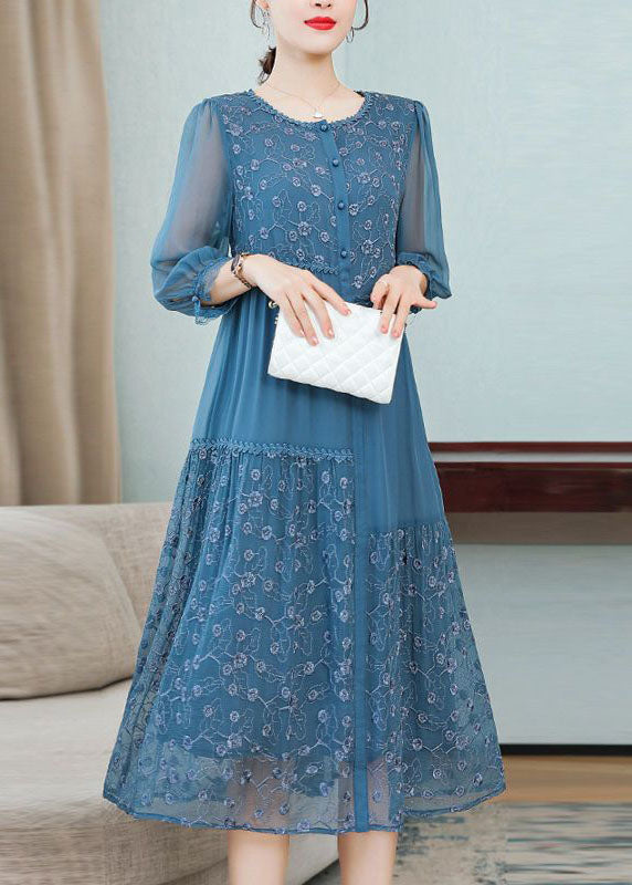 Floral Embroidery Lace Trim Button Front Round Neck Three Quarter Sleeve Tiered Midi Dress