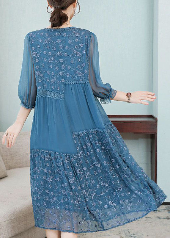 Floral Embroidery Lace Trim Button Front Round Neck Three Quarter Sleeve Tiered Midi Dress