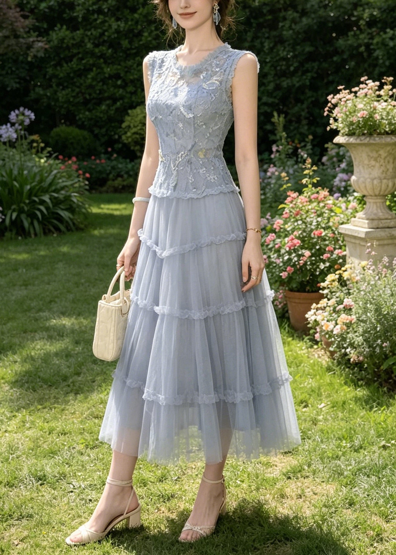 Beautiful Blue O-Neck Sequins Patchwork Tulle Long Sundress Sleeveless