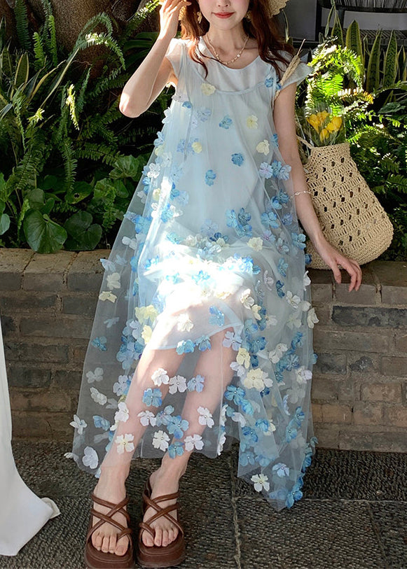 Beautiful Blue Oversized Floral Chiffon Long Dresses Two Piece Set Summer 2