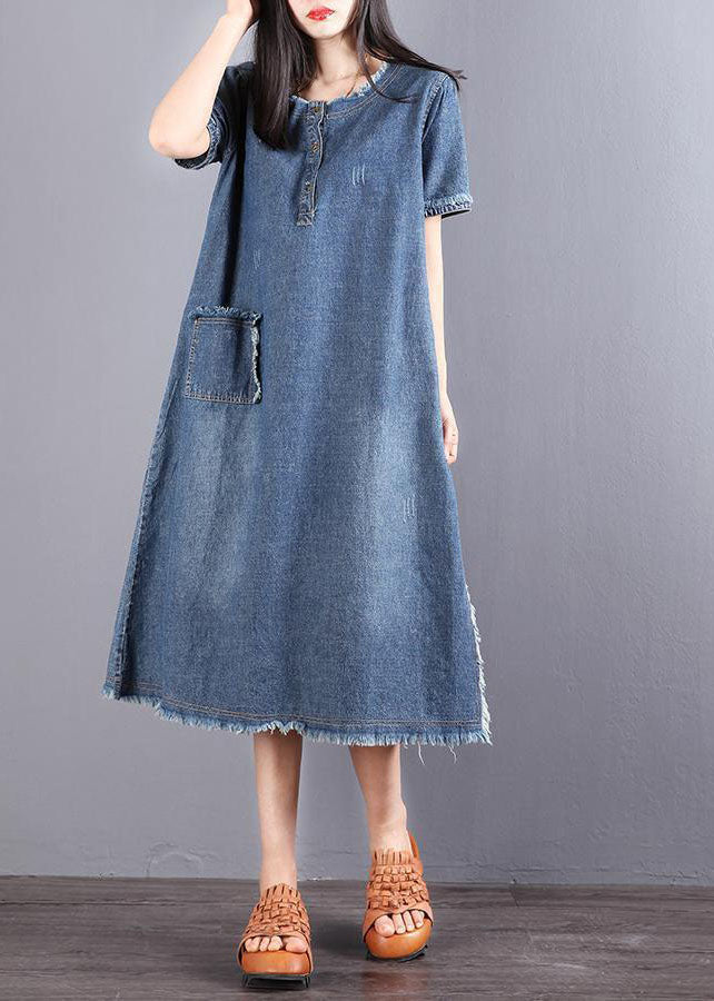 Denim Henley Button Short Sleeve Patch Pocket Frayed Edge Midi Dress
