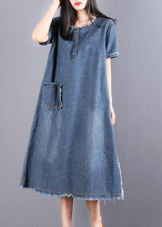 Denim Henley Button Short Sleeve Patch Pocket Frayed Edge Midi Dress