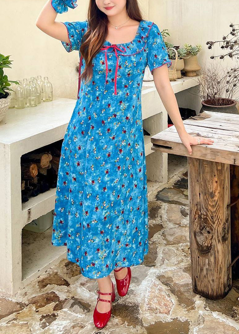 Beautiful Blue Ruffled Print Chiffon Maxi Dress Summer - View 5