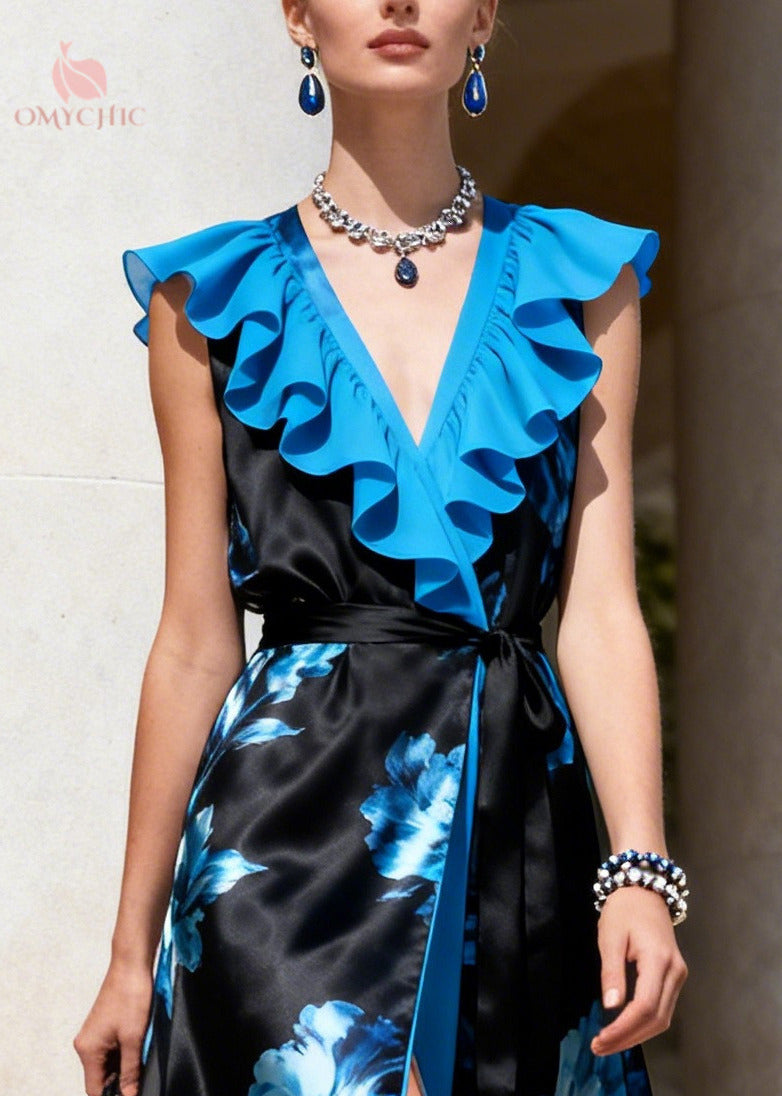 Beautiful Blue Ruffled Print Side Open Chiffon Maxi Dresses Sleeveless - View 2