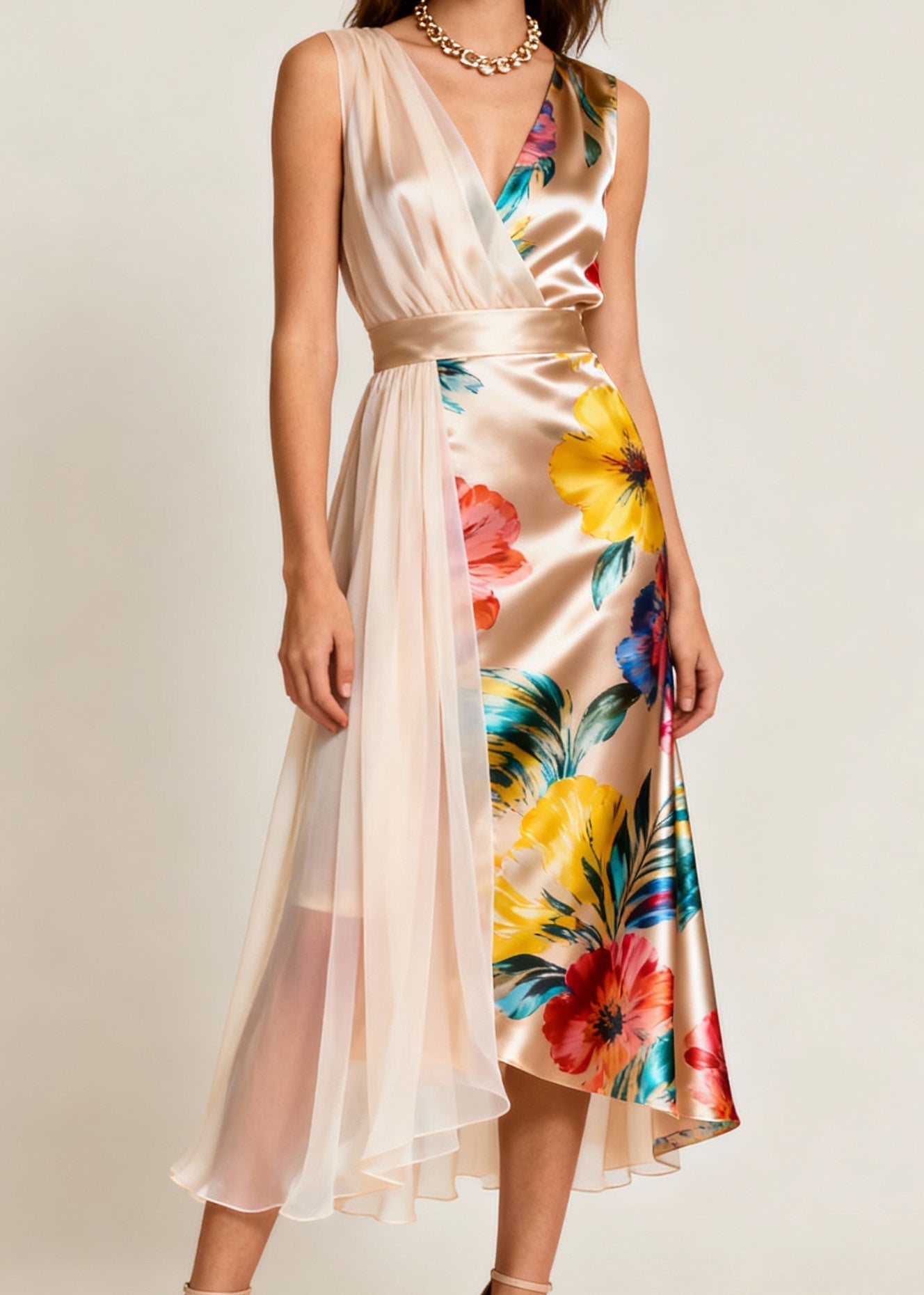 Floral Satin Surplice V-Neck Sheer Pleated Panel Asymmetrical Midi Dress