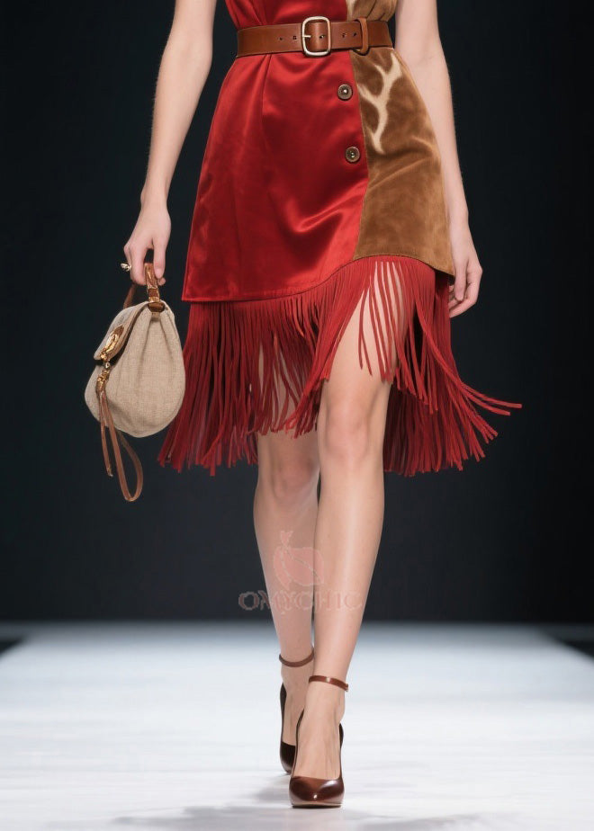 V-Neck Sleeveless Belted Button Front Antler Print Fringe Hem Asymmetrical Mini Dress