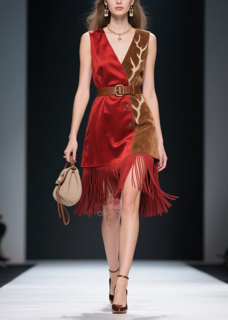 V-Neck Sleeveless Belted Button Front Antler Print Fringe Hem Asymmetrical Mini Dress