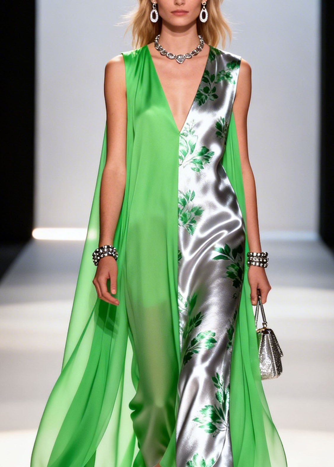Leaf Print Split Panel Cape Overlay Deep V-Neck Asymmetric Hem Sleeveless Gown