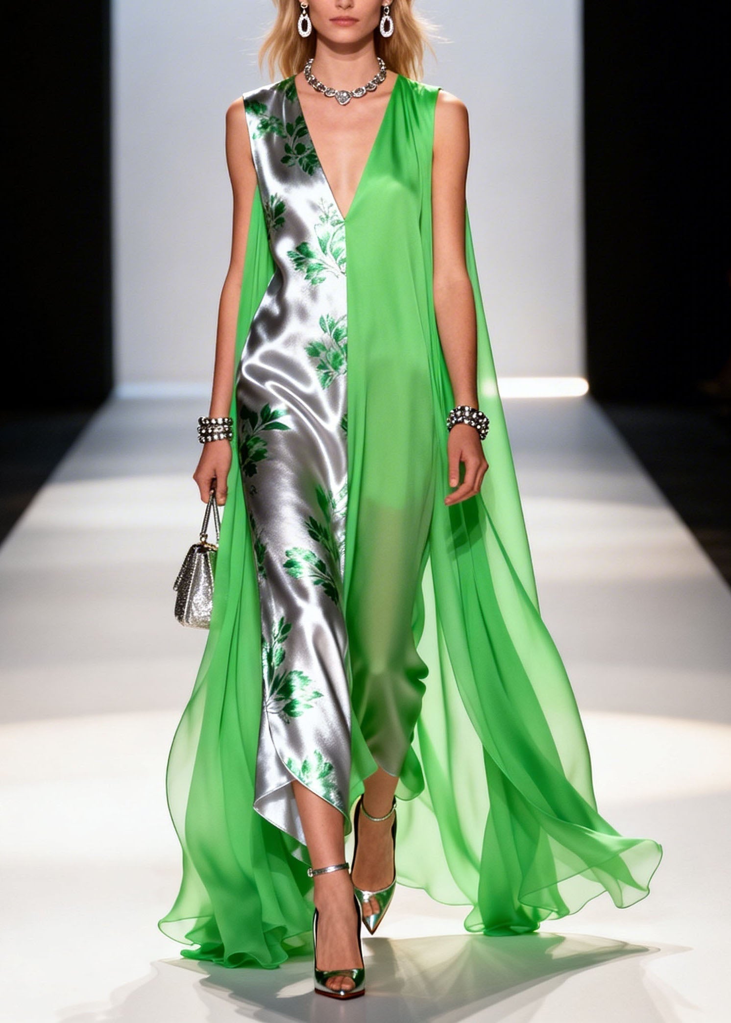 Leaf Print Split Panel Cape Overlay Deep V-Neck Asymmetric Hem Sleeveless Gown