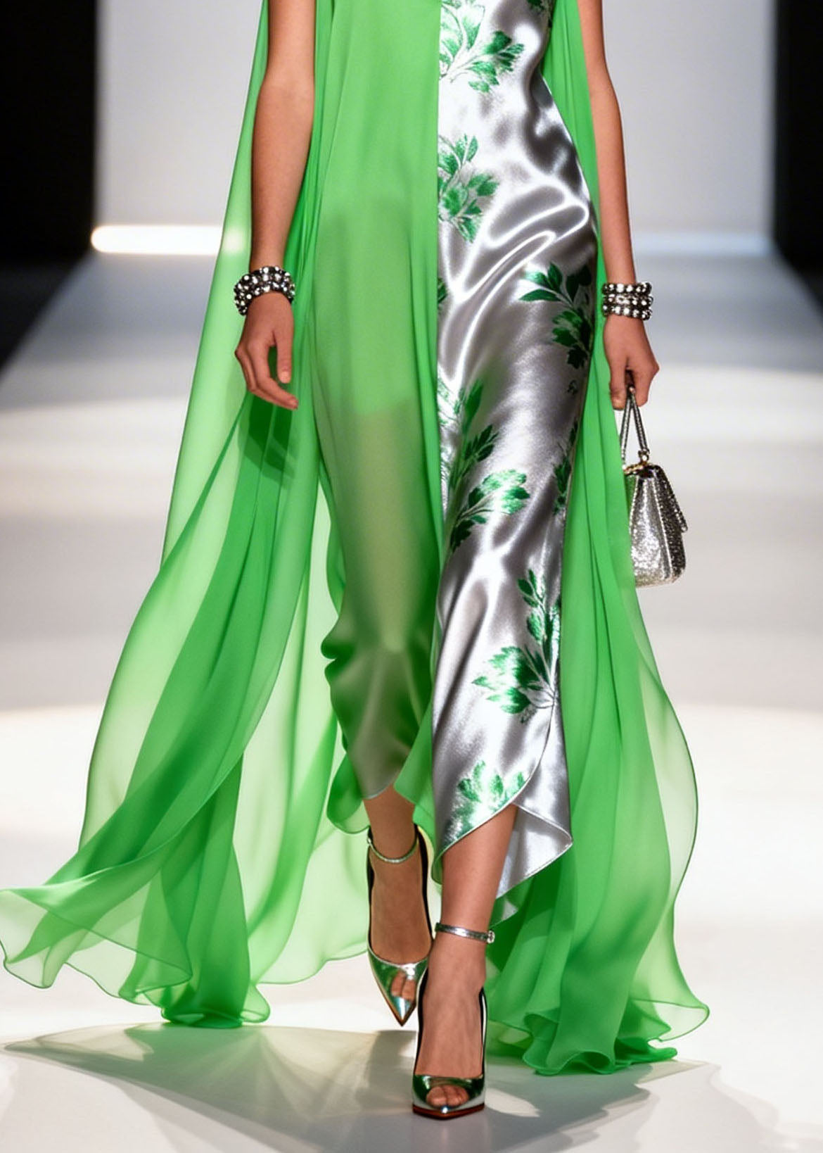 Leaf Print Split Panel Cape Overlay Deep V-Neck Asymmetric Hem Sleeveless Gown