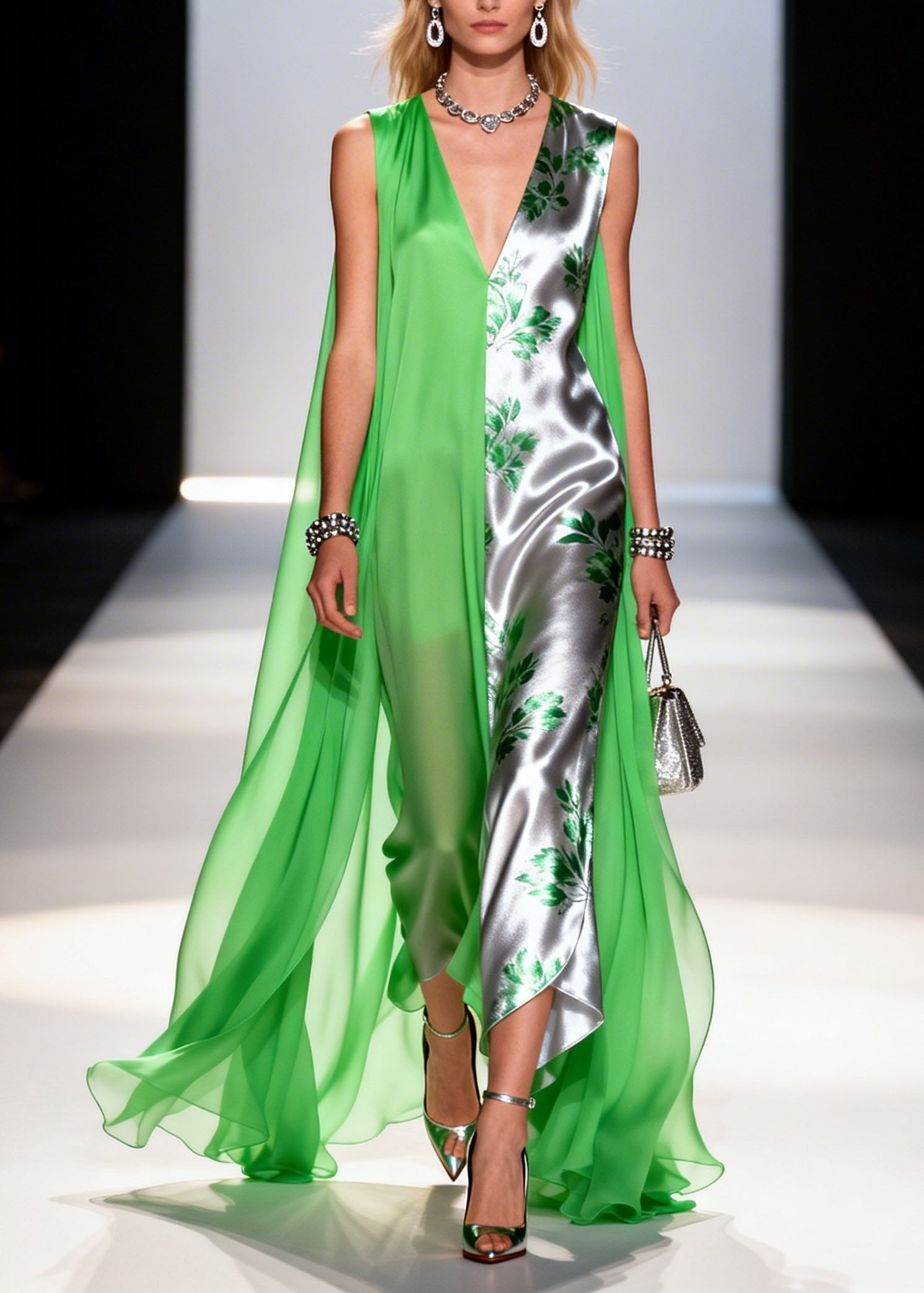 Leaf Print Split Panel Cape Overlay Deep V-Neck Asymmetric Hem Sleeveless Gown
