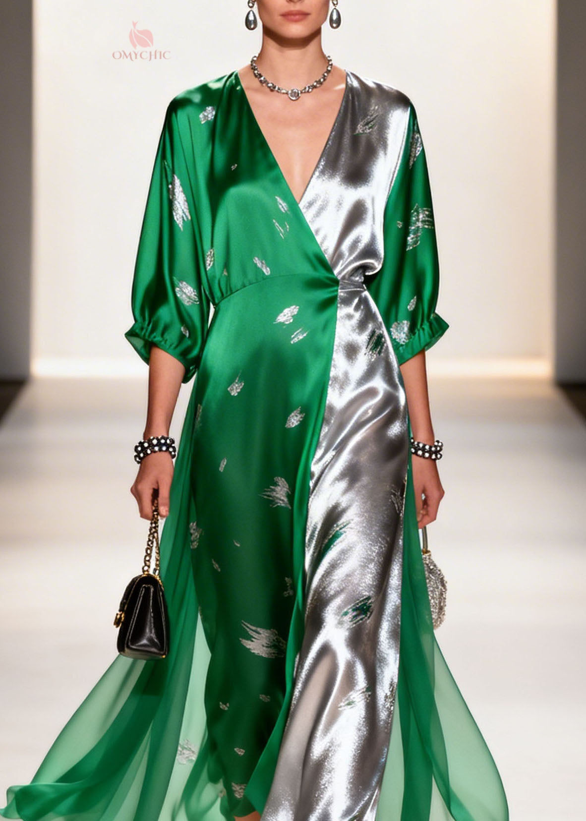 Colorblock Satin Abstract Embroidery Deep V-Neck Puff Sleeve Chiffon Overlay Maxi Gown