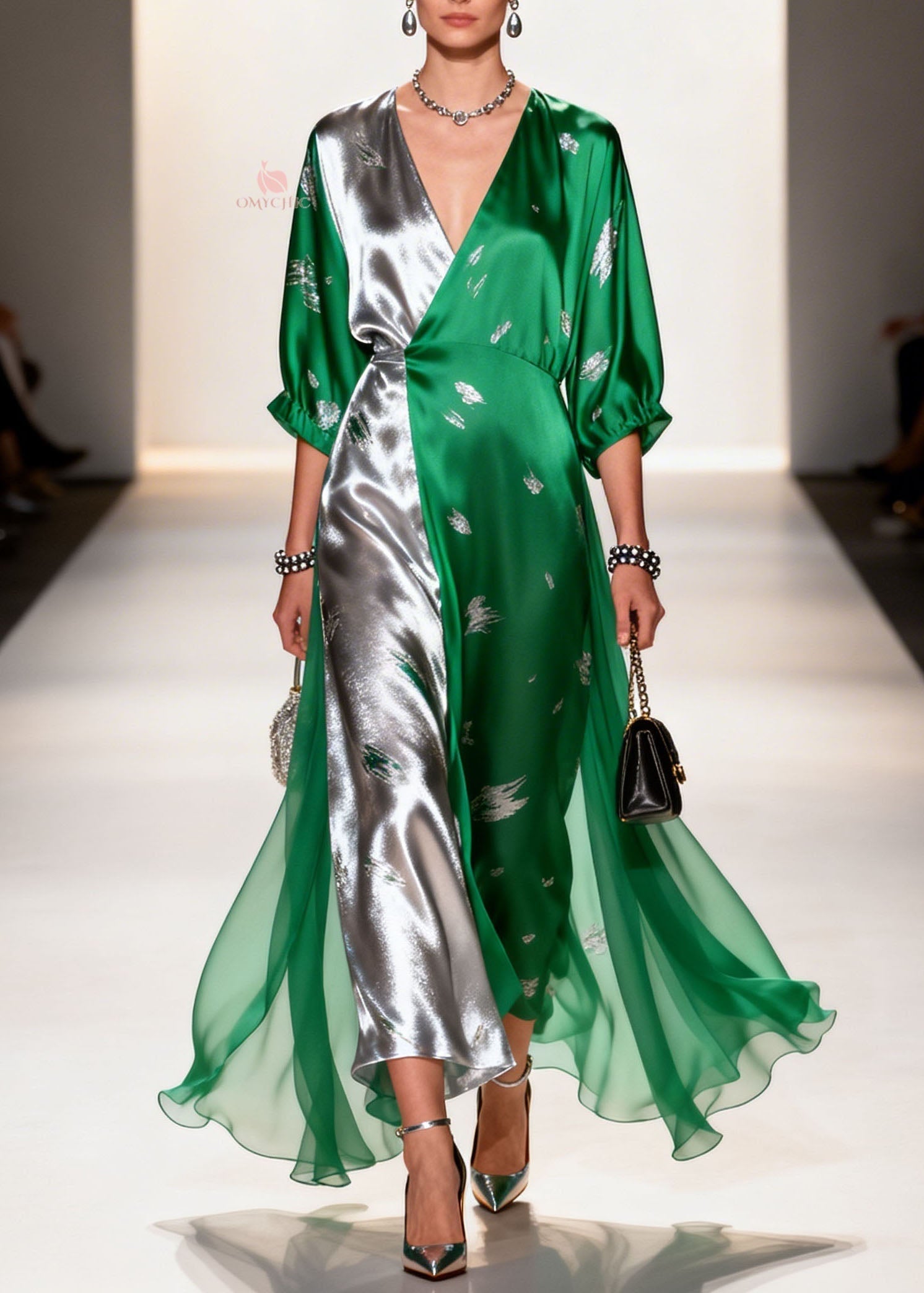 Colorblock Satin Abstract Embroidery Deep V-Neck Puff Sleeve Chiffon Overlay Maxi Gown