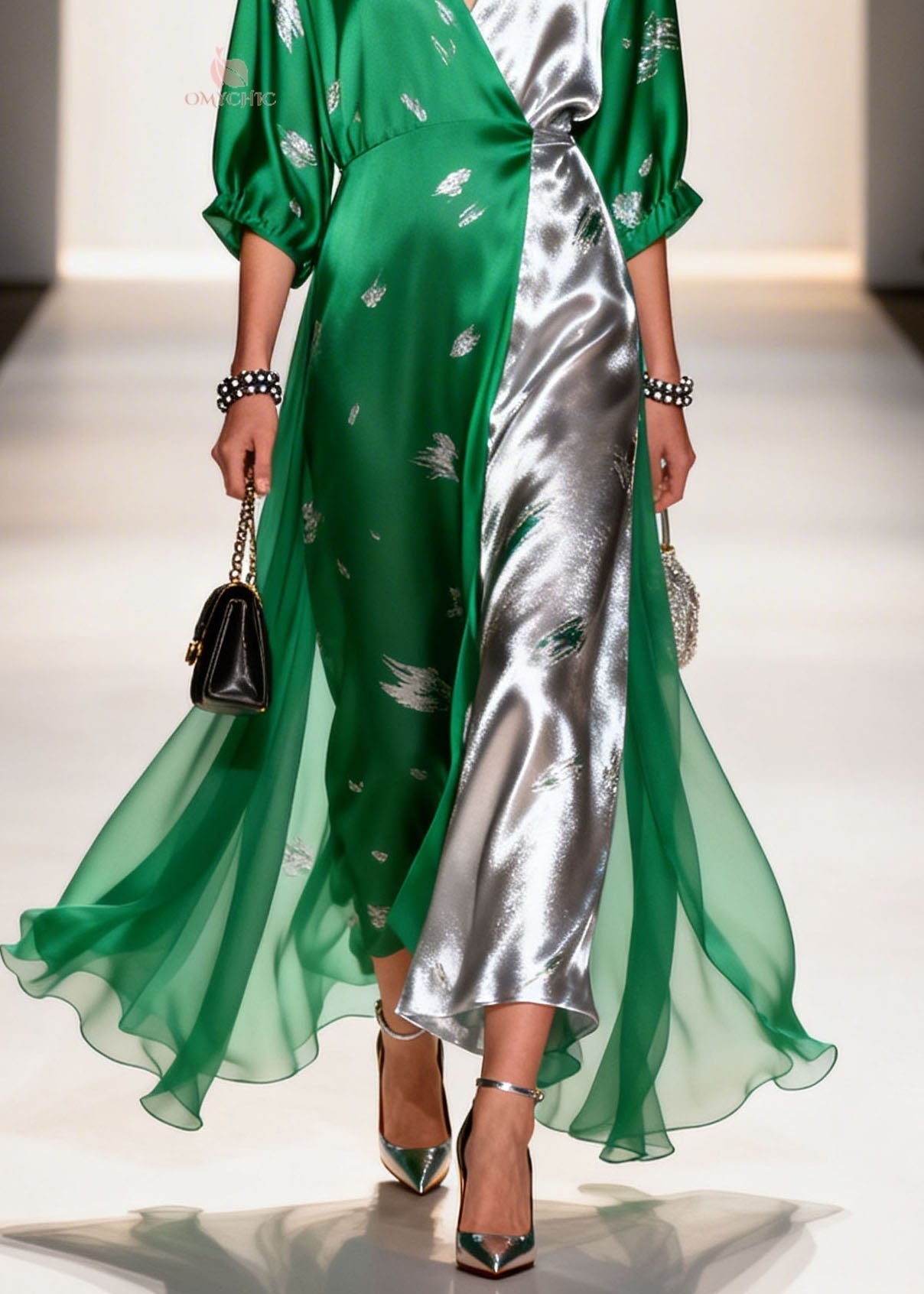Colorblock Satin Abstract Embroidery Deep V-Neck Puff Sleeve Chiffon Overlay Maxi Gown
