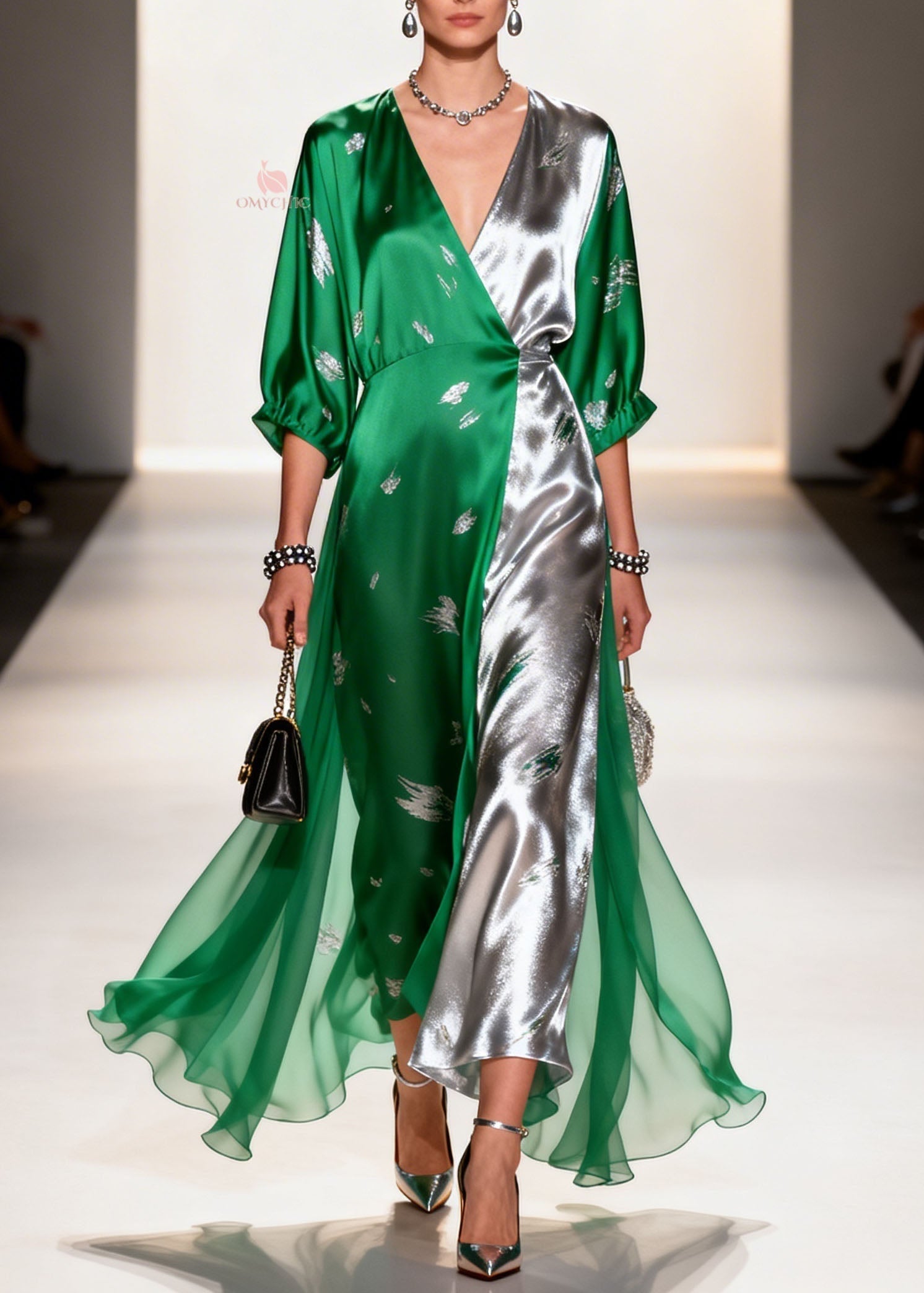 Colorblock Satin Abstract Embroidery Deep V-Neck Puff Sleeve Chiffon Overlay Maxi Gown