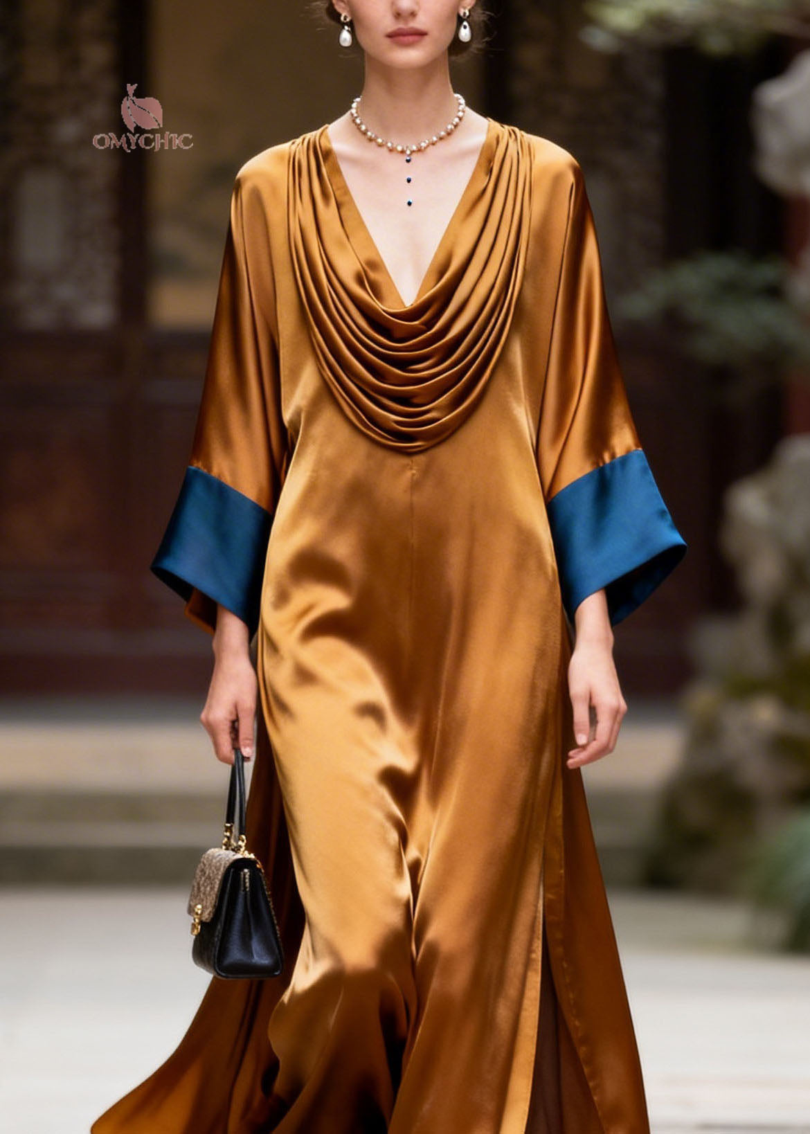 Beautiful Colorblock Wrinkled Patchwork Silk Long Dress Summer