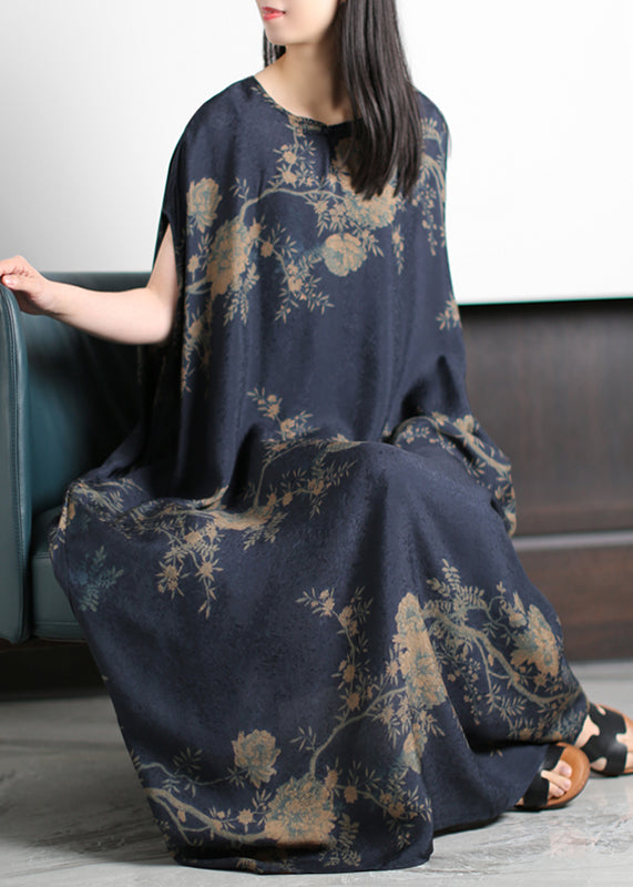 Round Neck Floral Print Satin Cocoon Maxi Dress
