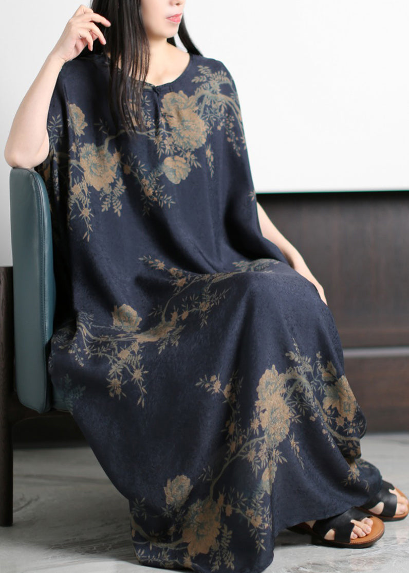 Round Neck Floral Print Satin Cocoon Maxi Dress
