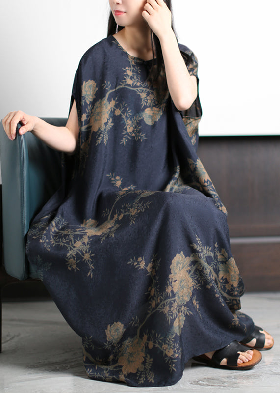 Round Neck Floral Print Satin Cocoon Maxi Dress