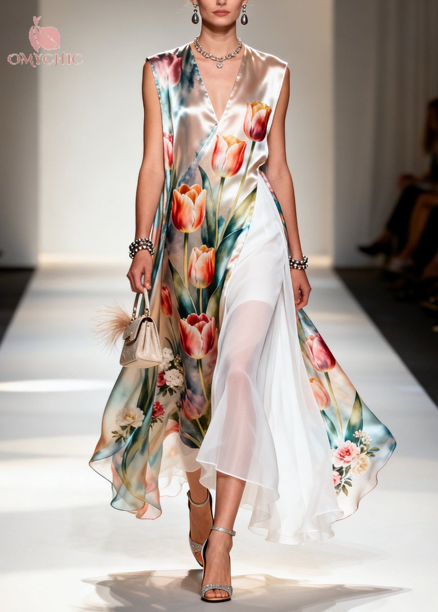 Beautiful Flower Print Patchwork Chiffon Maxi Dresses Sleeveless - View 5