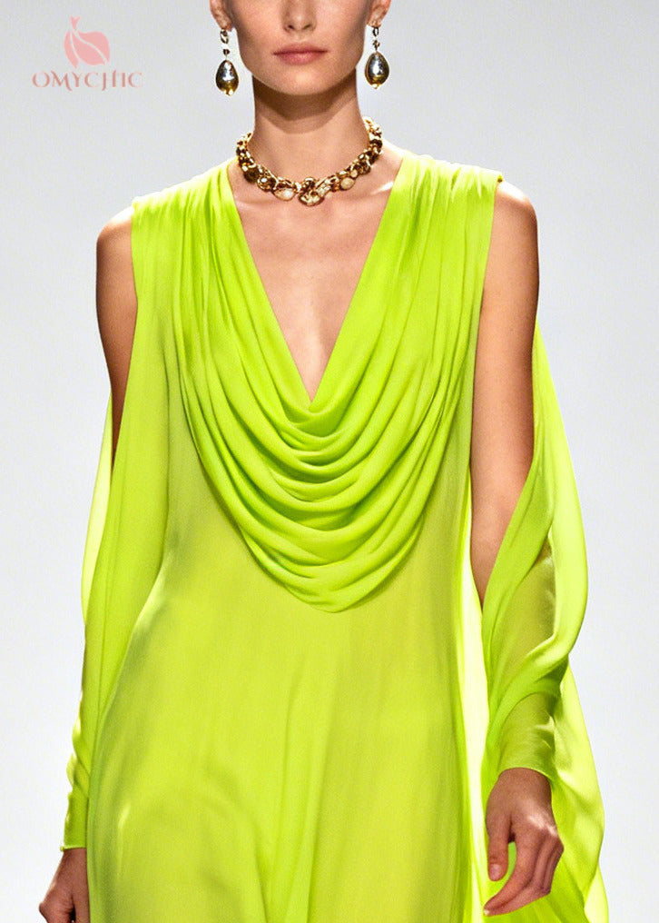 Chiffon Cowl Deep V-Neck Draped Cape Flowy Maxi Dress