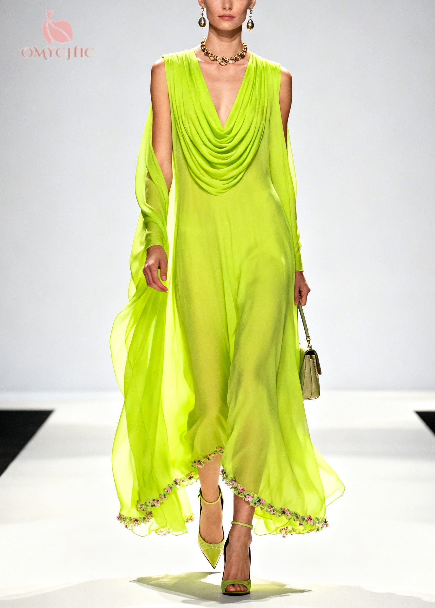 Chiffon Cowl Deep V-Neck Draped Cape Flowy Maxi Dress